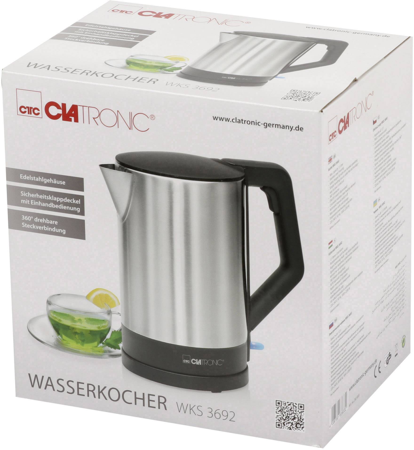 Ein Wasserkocher der Marke Clatronic, Modell WKS 3692, auf einer Produktverpackung. Edelstahlgehäuse und 360° drehbare Basis.