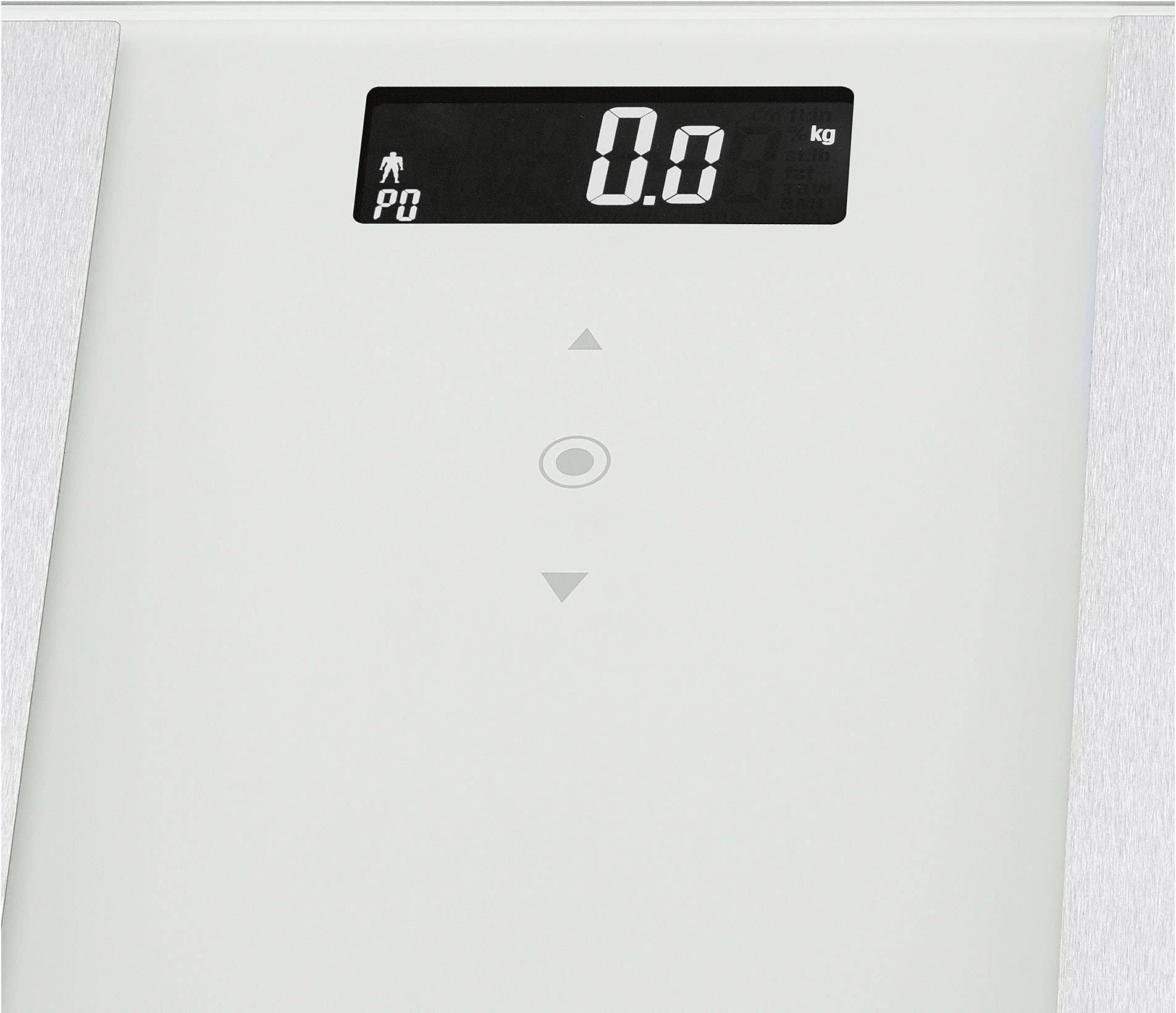 Eine digitale Waage zeigt '0,0 kg' mit einem Symbol für eine Person auf einem Bildschirm.