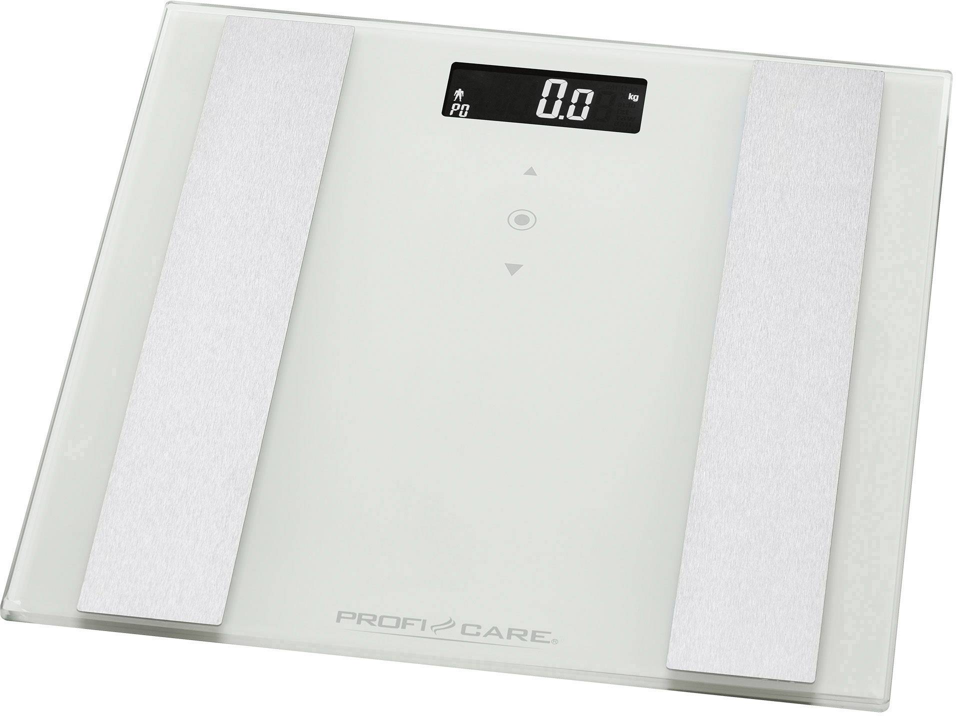Elektronische Personenwaage mit digitalem Display, zeigt '0.0' an. Rechteckige Form mit zwei metallischen Standflächen.