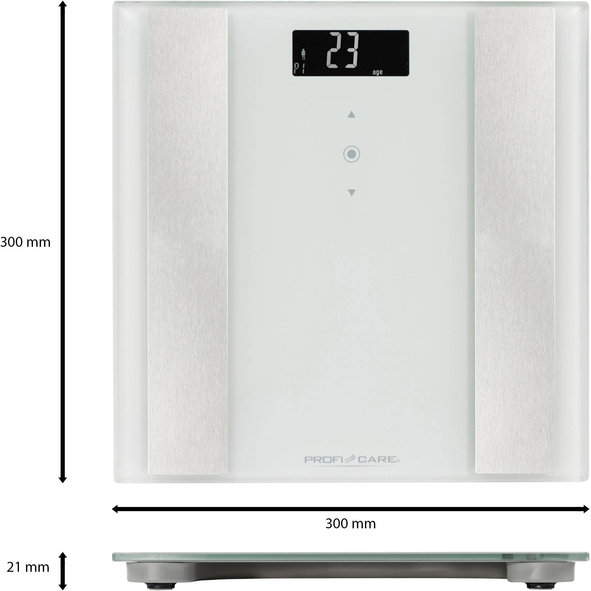 Digitale Personenwaage mit großem, klar ablesbarem Display. Höhe der Waage: 21 mm, Breite und Länge: 300 mm.