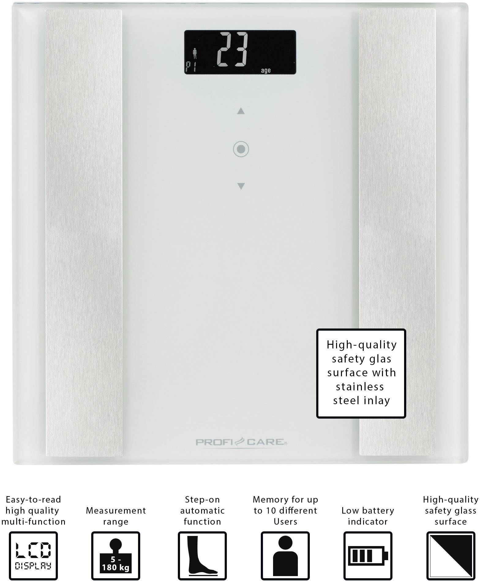 Digitale Personenwaage mit Glasoberfläche und Edelstahl-Einlagen, zeigt '23 kg' auf dem Display. Einfache Bedienung, speichert Daten für 10 Benutzer.