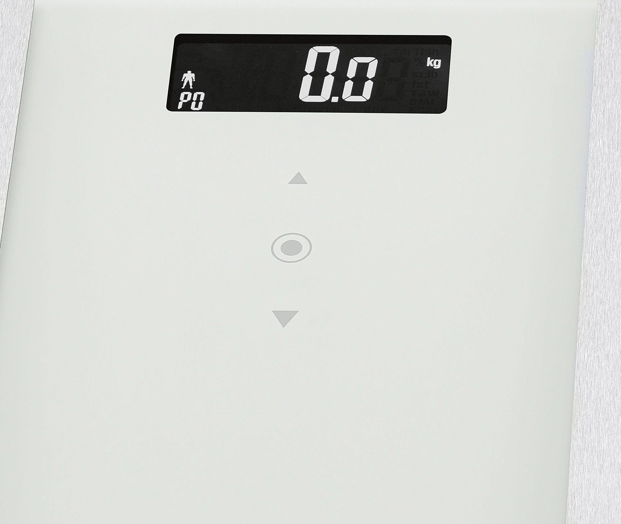 Digitale Waage mit LCD-Anzeige zeigt '0.0 kg'. Anzeige hat Symbole für Benutzererkennung.