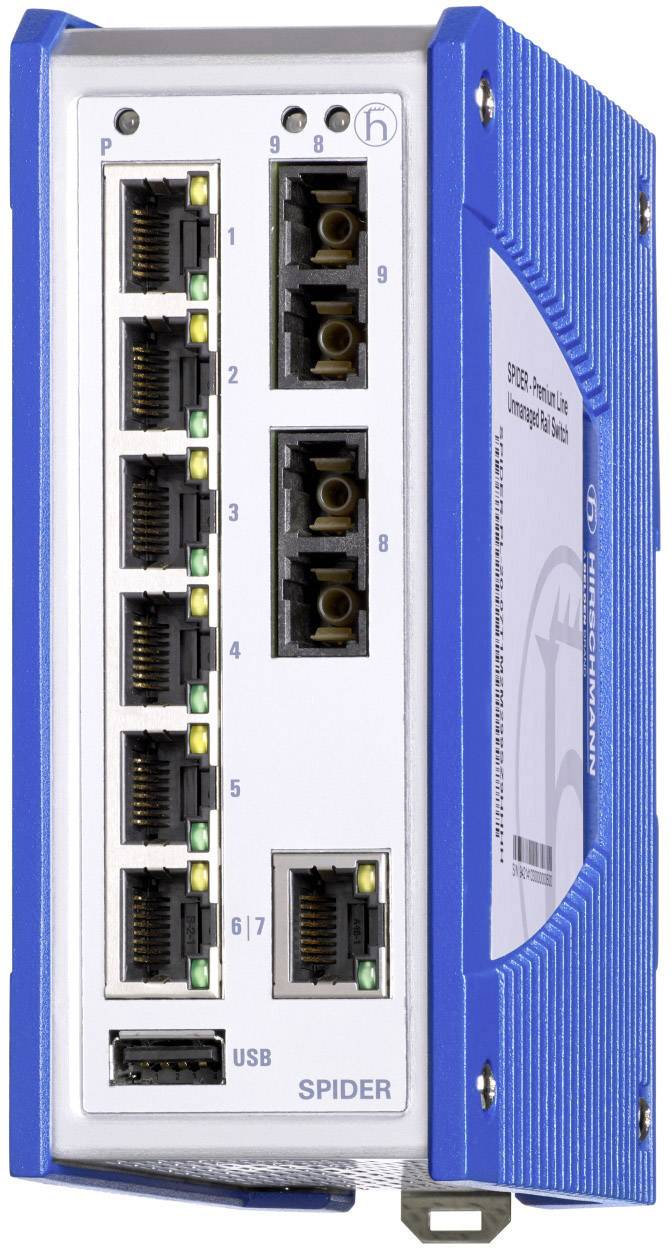 Ein blauer Netzwerk-Switch mit acht Ethernet-Ports und einem USB-Anschluss, Modellname 'SPIDER' erkennbar auf der Seite.