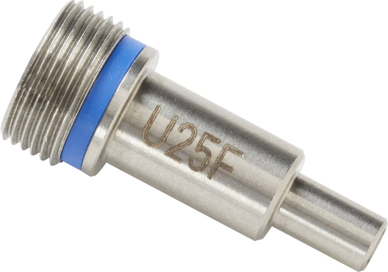 Ein Metalladapter mit blauer Dichtung und Gravur 'U25F' auf der Seite, möglicherweise ein Teil einer technischen Ausrüstung.