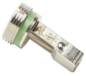 Ein silbernes Metallteil mit grüner Dichtung und der Aufschrift 'ALGE' auf der Seite.