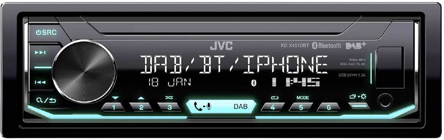 JVC KD-X451DBT Autoradio DAB+ Tuner, inkl. DAB-Antenne, Bluetooth®-Freisprecheinrichtung, Anschluss für Lenkradfernbedienung
