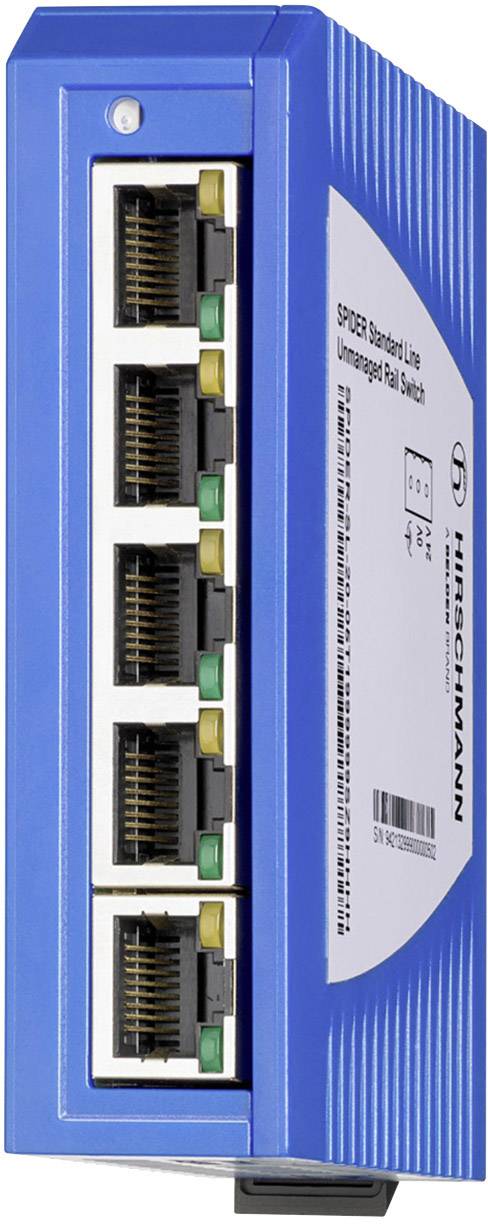 Ein blauer, kompakter Ethernet-Switch mit fünf RJ-45-Ports und einer Beschriftung 'Hirschmann SPIDER Standard Line' an der Seite.