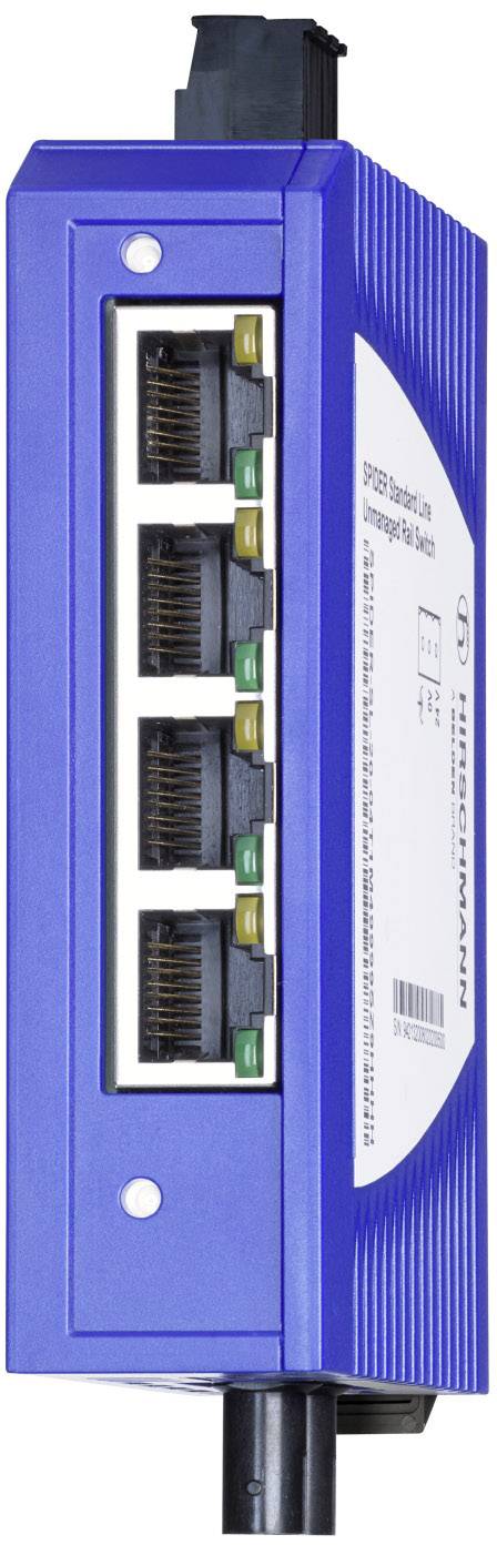 Ein blaues Netzwerkgerät mit fünf Ethernet-Ports, geeignet zur Datenverknüpfung. Rechts ein Etikett mit technischen Spezifikationen.