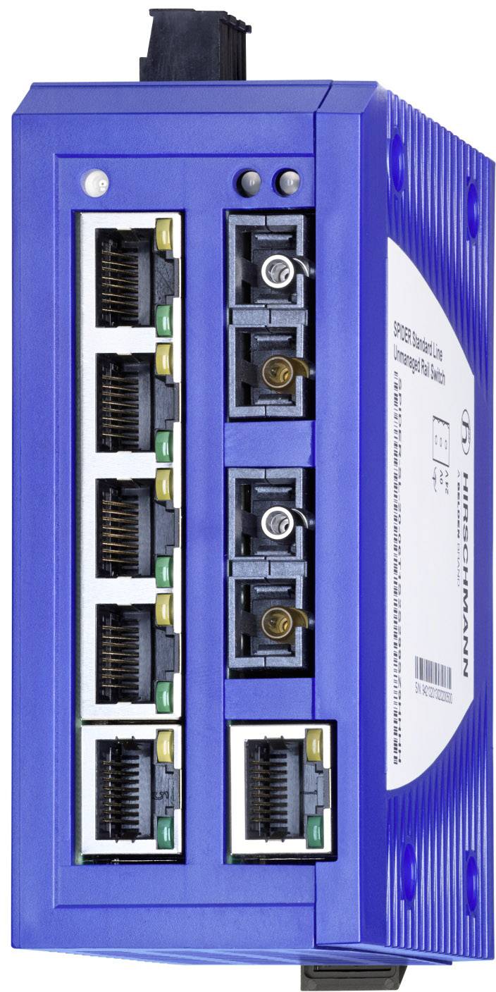 Blauer Netzwerk-Switch mit acht Ethernet-Ports und zwei Glasfaseranschlüssen, vertikal angeordnet.