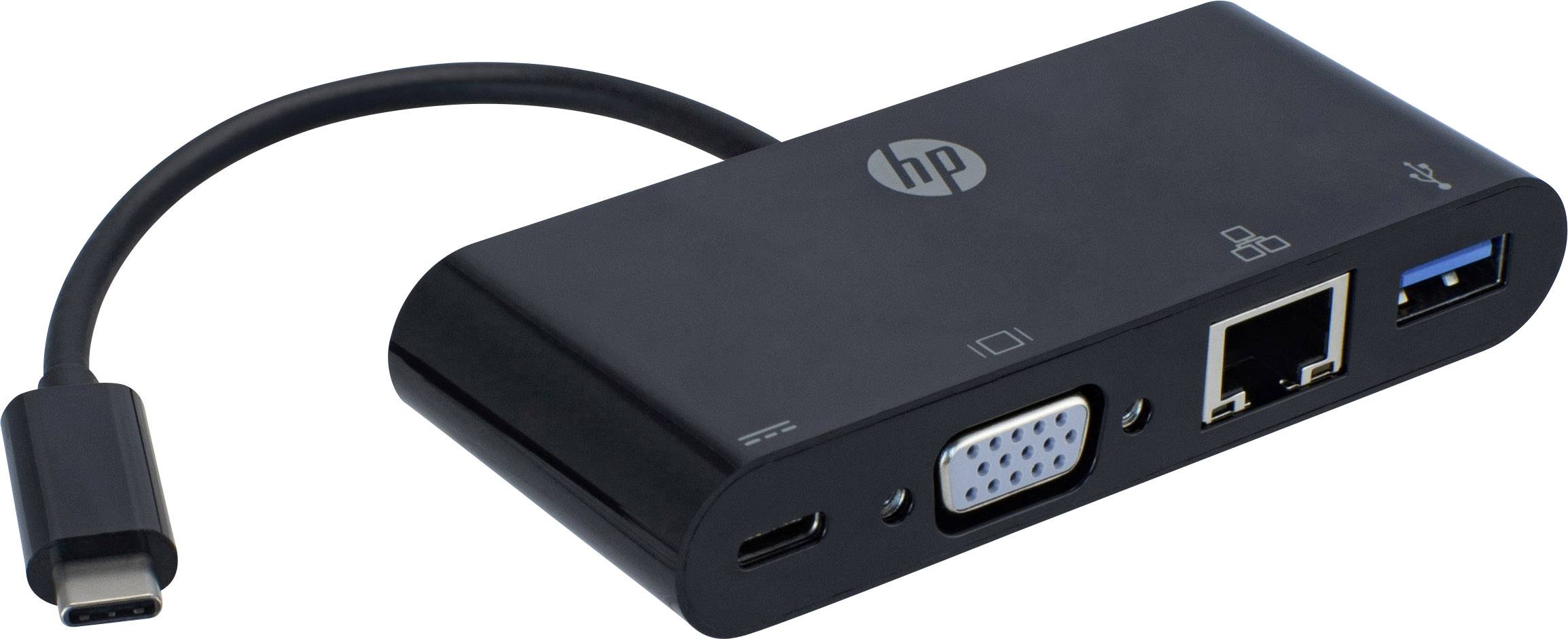 HP USB / VGA / RJ45 Adapter [1x USB 3.0 Stecker C - 1x VGA-Buchse, USB 3.0 Buchse A, USB-C™ Buchse, RJ45-Buchse 8p4c] Schwarz
