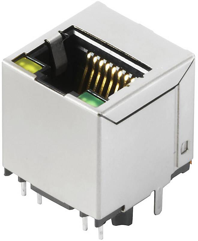 Ein silberner RJ45-Netzwerkanschluss mit LED-Anzeigen für Datenverbindung und Aktivität, zur Verwendung auf elektronischen Platinen.