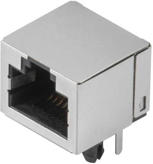 Metallischer RJ45-Buchsenanschluss mit acht Kontakten, für Netzwerkverkabelung genutzt.