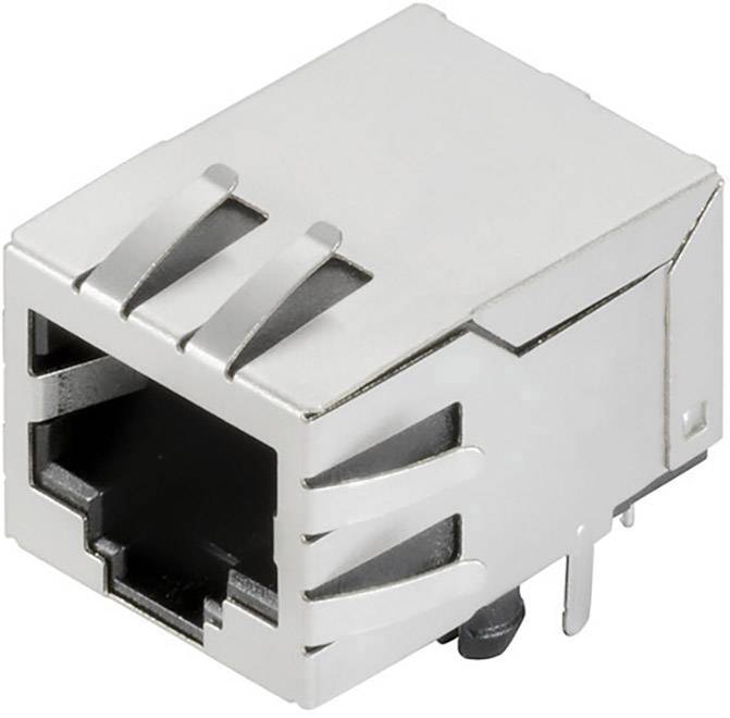 Silberner RJ45-Netzwerkanschluss zeigt die Vorderseite mit Steckverbindung.