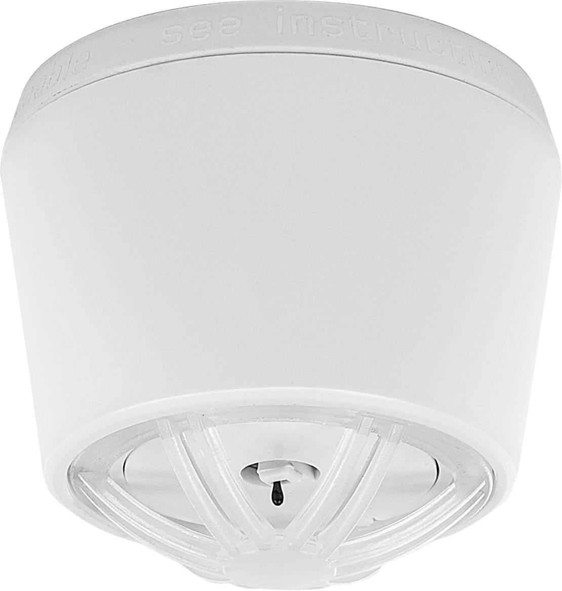 Ein weißer Rauchmelder an einer Decke mit rundem Design und einer Schutzabdeckung über dem Sensor.