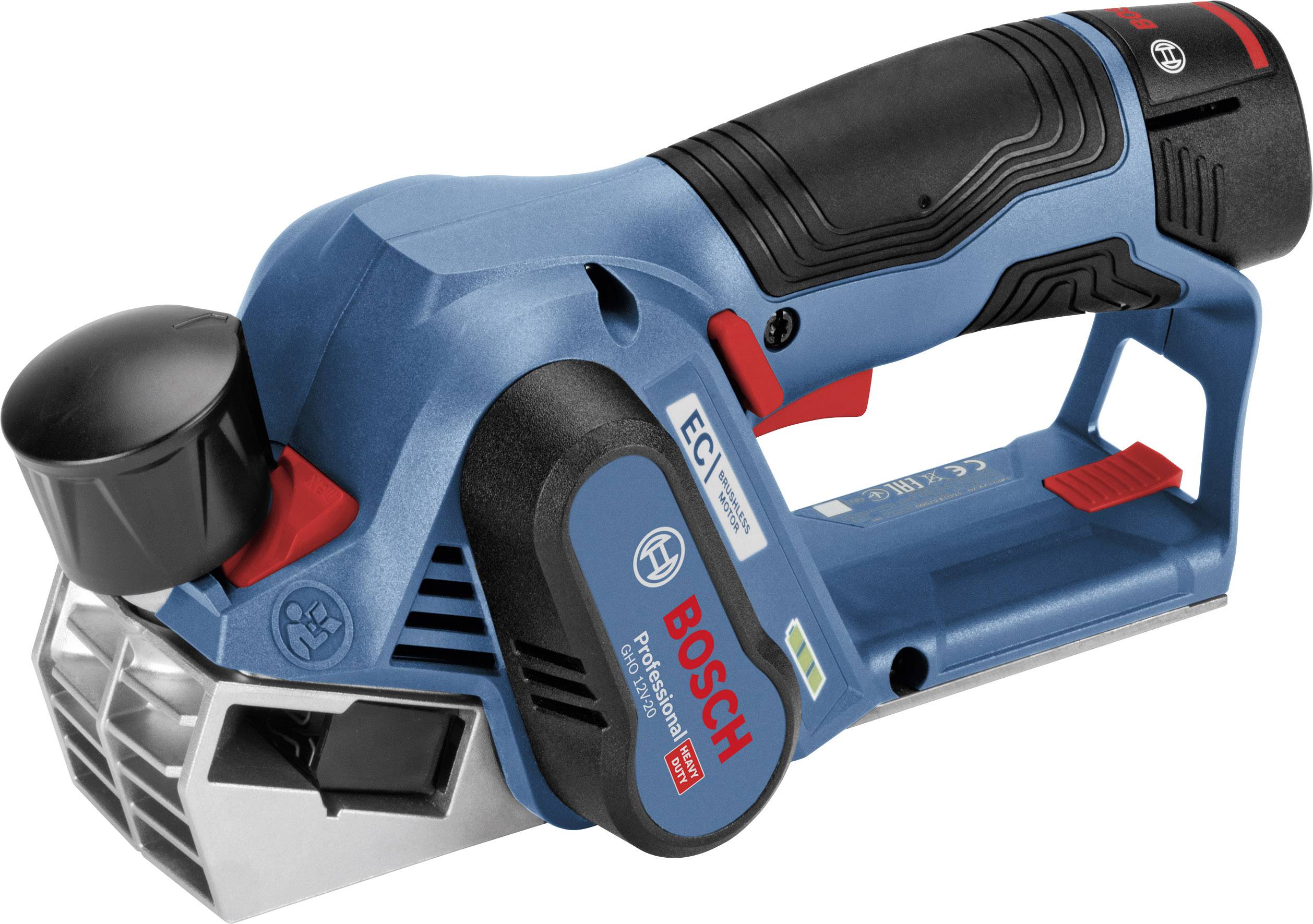 Ein blauer elektrischer Hobel der Marke Bosch, kompakt und ergonomisch, mit schwarzem Griff und roten Akzenten.