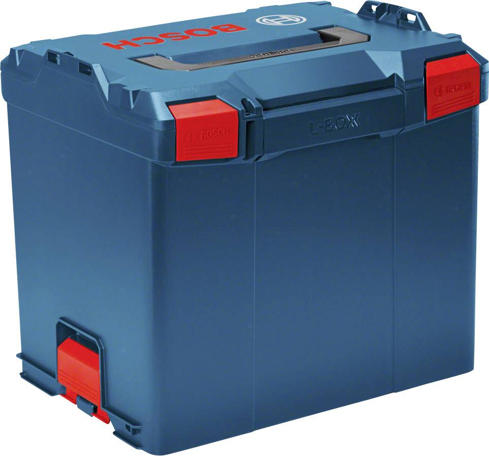 Blaue Werkzeugbox aus Kunststoff mit roten Verschlüssen, Marke Bosch. Geeignet zum Aufbewahren und Transportieren von Werkzeugen.