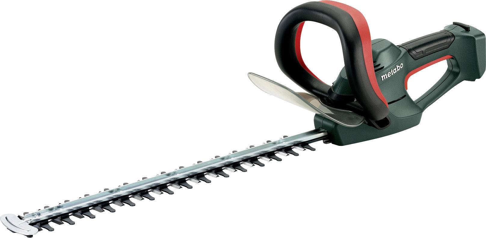 Elektrische Heckenschere in Grün und Schwarz mit rotem Akzent, langer Klinge und ergonomischem Griff.
