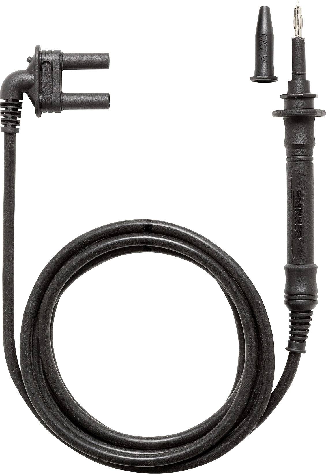 Ein schwarzes Multimeter-Messkabel mit abgewinkeltem Stecker und abnehmbarer Schutzkappe.
