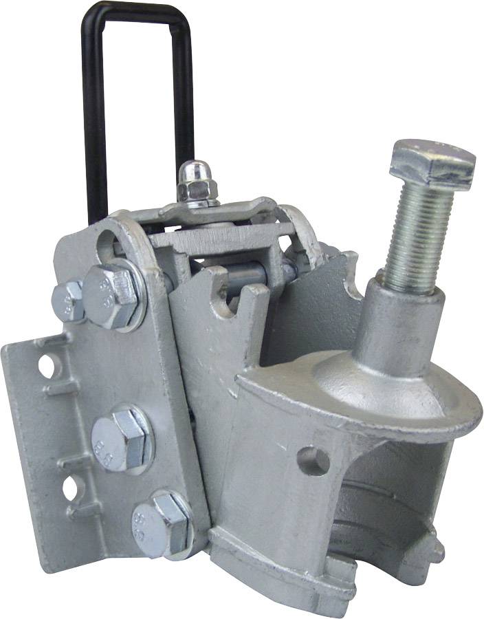 Eine Metallklemme mit mehreren Schrauben, einer großen verstellbaren Schraube oben und einem schwarzen Griff auf der Rückseite.