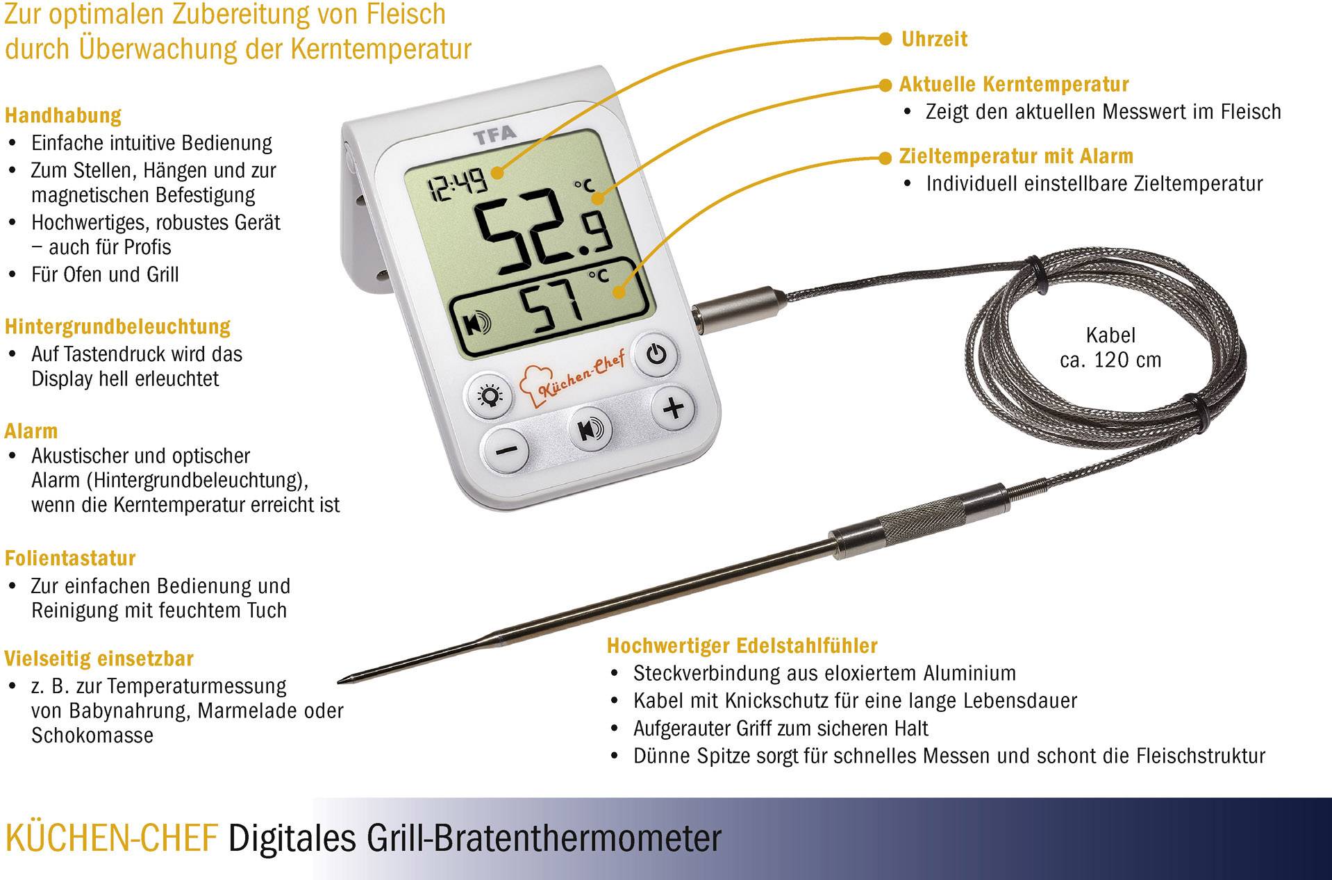 TFA Dostmann 14.1510.02 Grill-Thermometer Überwachung der Kerntemperatur, Kabelsensor Braten, Grillgut, Niedergaren