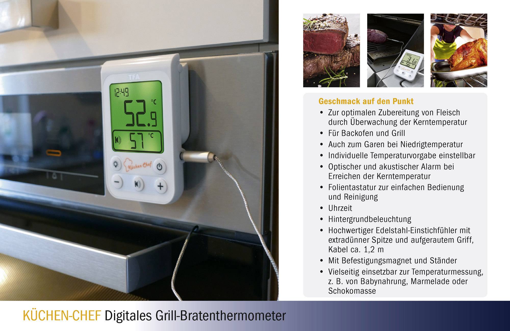 TFA Dostmann 14.1510.02 Grill-Thermometer Überwachung der Kerntemperatur, Kabelsensor Braten, Grillgut, Niedergaren