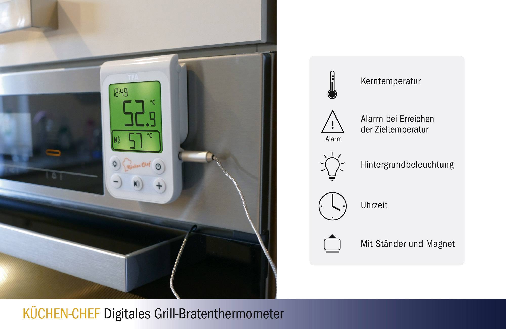 TFA Dostmann 14.1510.02 Grill-Thermometer Überwachung der Kerntemperatur, Kabelsensor Braten, Grillgut, Niedergaren
