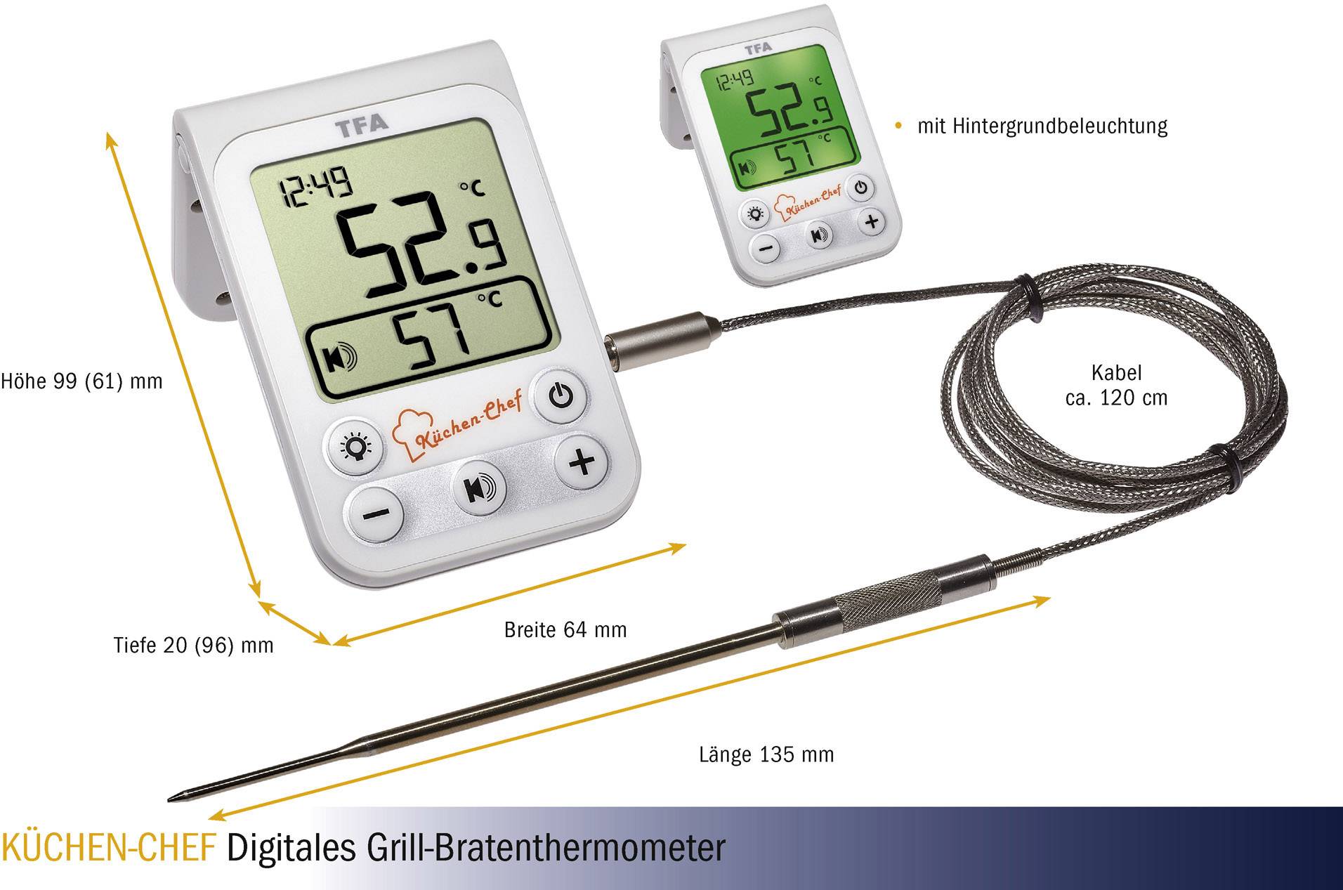TFA Dostmann 14.1510.02 Grill-Thermometer Überwachung der Kerntemperatur, Kabelsensor Braten, Grillgut, Niedergaren