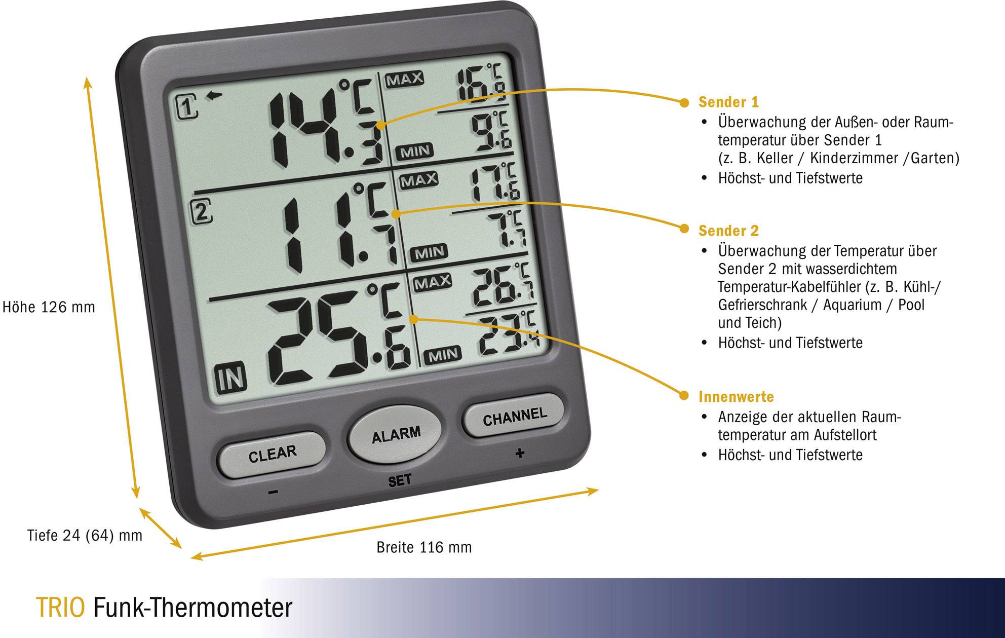 Digitales Thermometer zeigt Innen- und Außentemperaturen von drei Sendern an. Funktionen: Max-/Min-Werte, Raumoptionen.