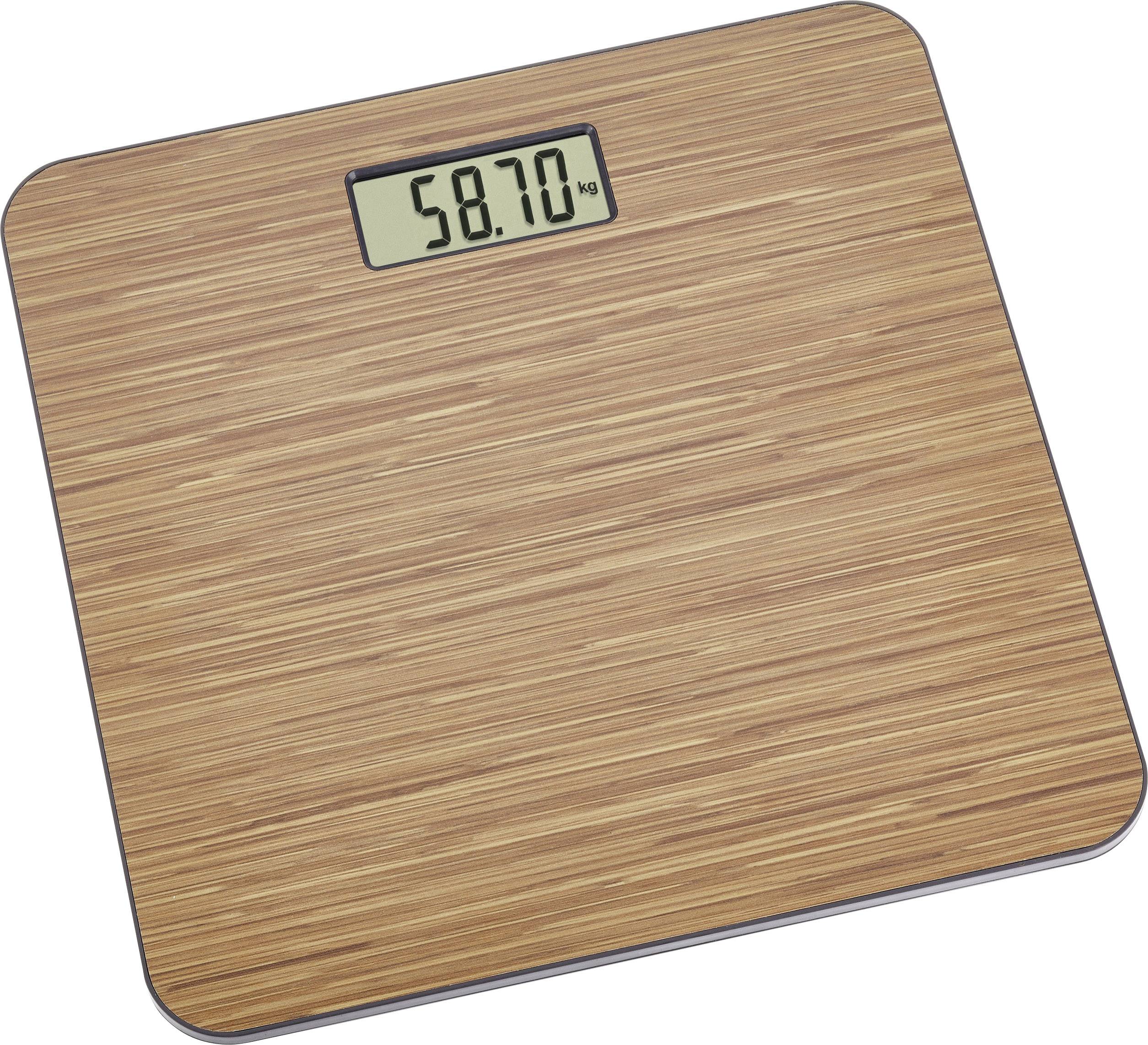 Digitale Personenwaage mit Holzoptik zeigt '58,70 kg' auf dem Display an.