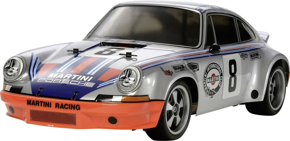 Silbernes Modellauto mit Martini Racing-Design, Startnummer 8 auf Türen und Haube, runde Scheinwerfer und Rennstreifen in Blau und Rot.