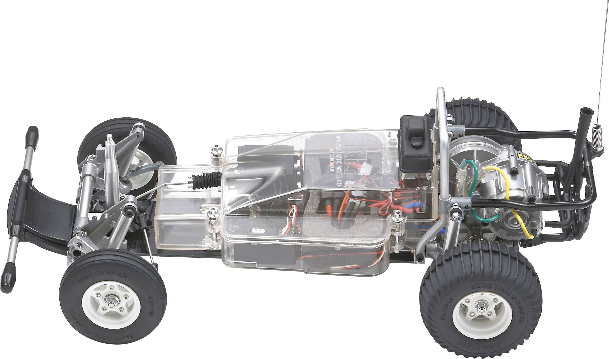 Ein transparentes Modell eines ferngesteuerten Autos zeigt das Innenleben mit Motor, Elektronik und Achsen, montiert auf einem Metallrahmen.