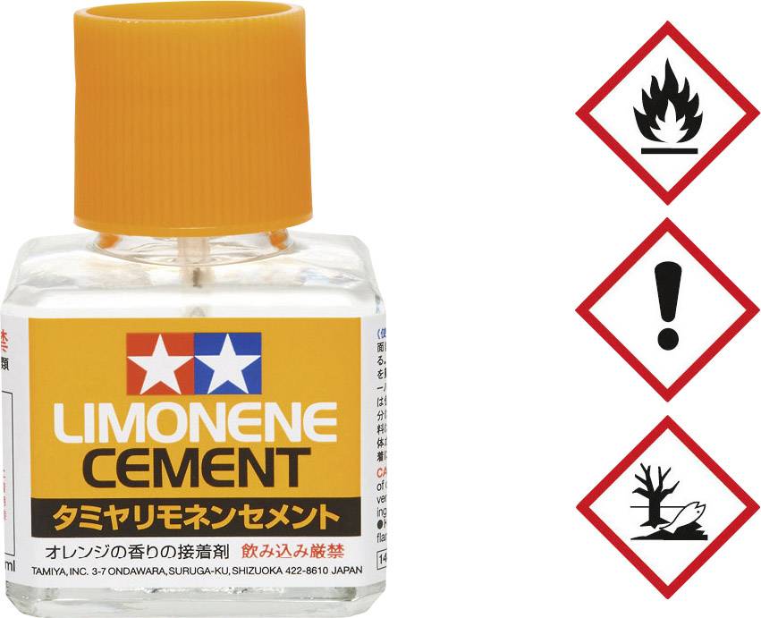 Eine Flasche 'Limonene Cement' mit orangefarbener Kappe und Gefahrenhinweisen. Warnsymbole: entflammbar, ätzend, umweltgefährdend.