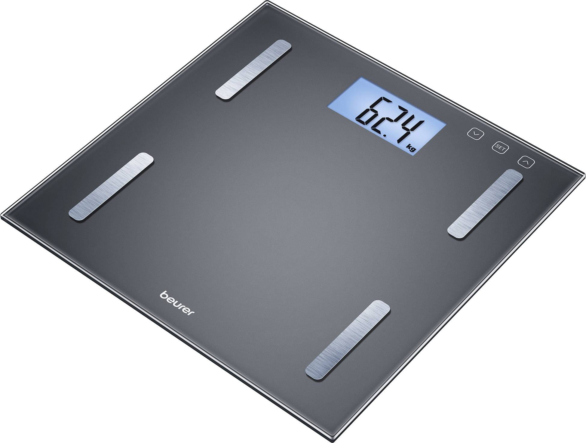 Digitale Personenwaage mit einem Display, das das Gewicht 62,4 kg anzeigt.