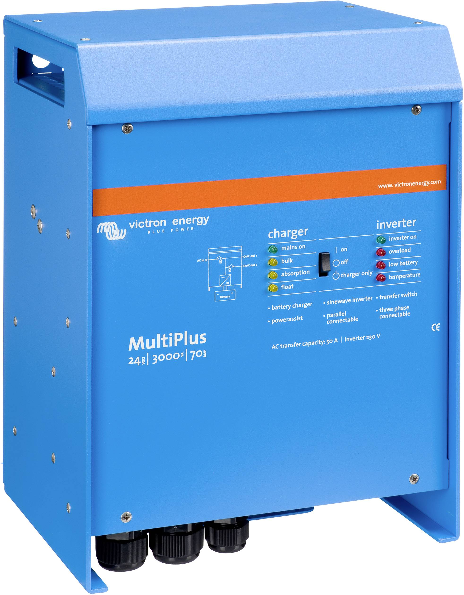 Blauer Stromwechselrichter von Victron Energy, Modell MultiPlus 24/3000/70-1, zeigt Lade- und Invertermodi auf Vorderseite.