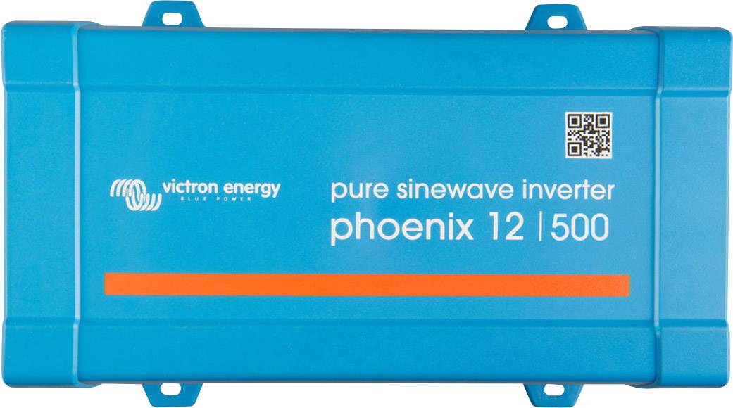 Ein blauer Victron Energy Wechselrichter mit der Aufschrift 'pure sinewave inverter phoenix 12 | 500' und einem QR-Code.