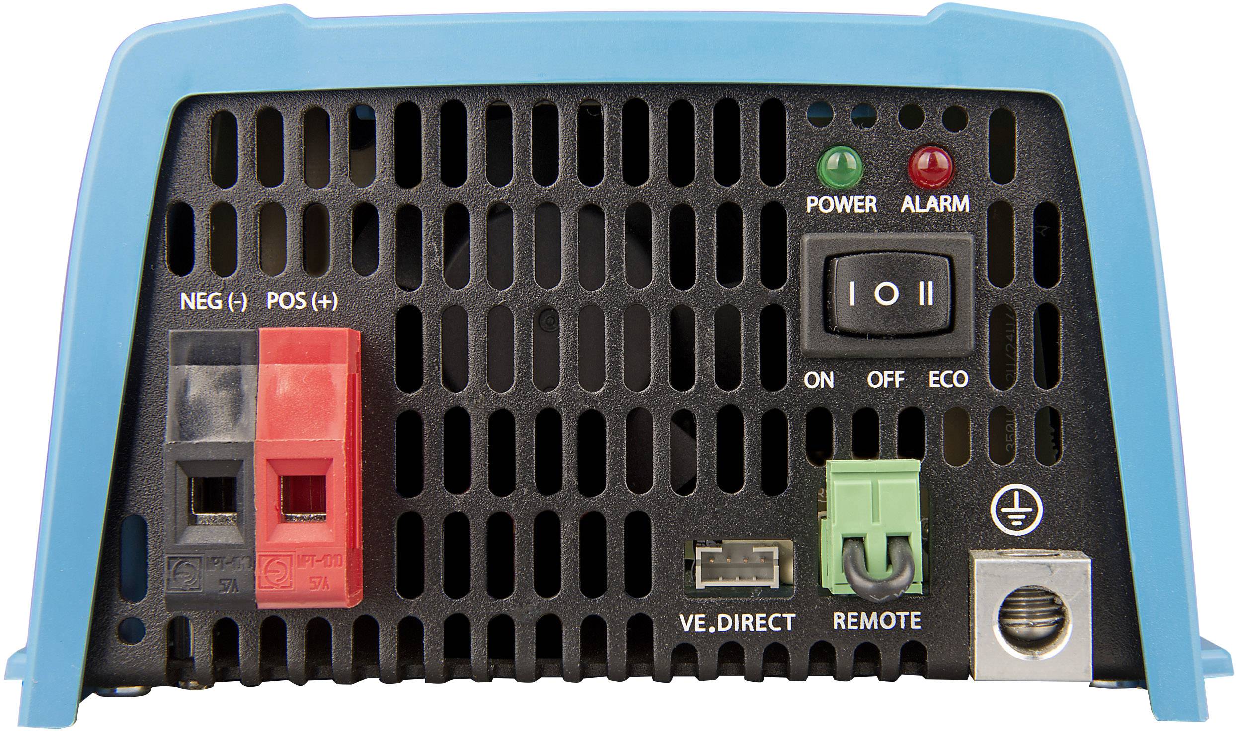 Hinterseite eines blauen elektronischen Geräts mit Anschlüssen, Schaltern und Kontrollleuchten. Schalter für 'On', 'Off', und 'Eco'.