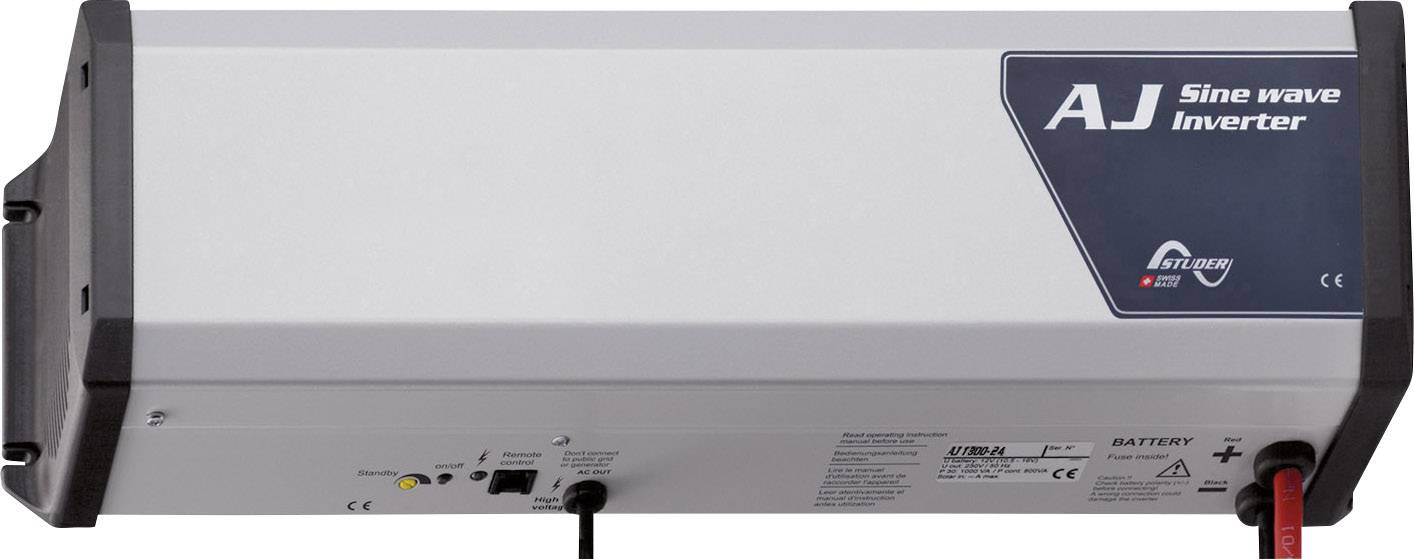 Ein silberfarbener Sinus-Wechselrichter mit der Aufschrift 'AJ Sine Wave Inverter', zeigt einen Schalter und Anschlussmöglichkeiten.