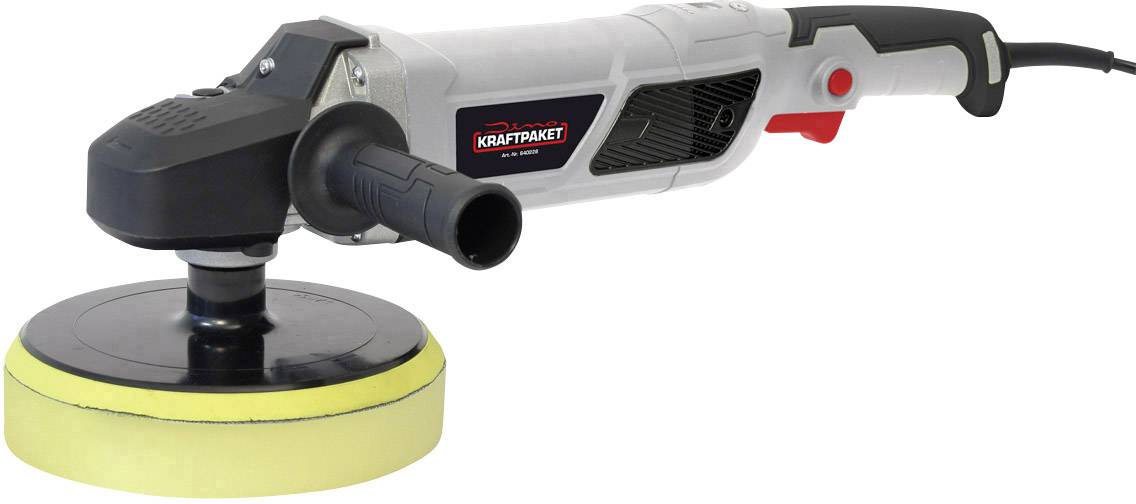 Eine elektrische Poliermaschine mit schwarzem Polierteller und gelbem Pad, geeignet für Autolack-Aufbereitung, Marke 'Kraftpaket'.