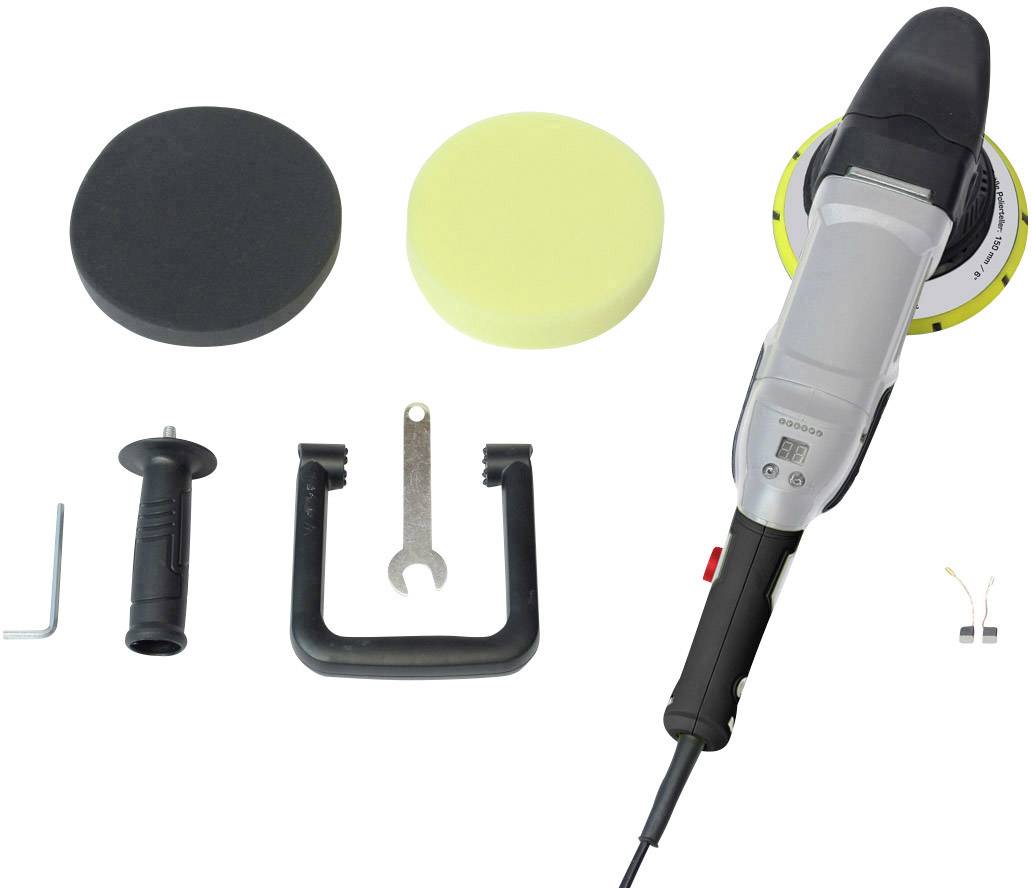 Elektrischer Polierer mit Griff, zwei Polierscheiben, einem Schraubenschlüssel und kleiner Hardware vor weißem Hintergrund.