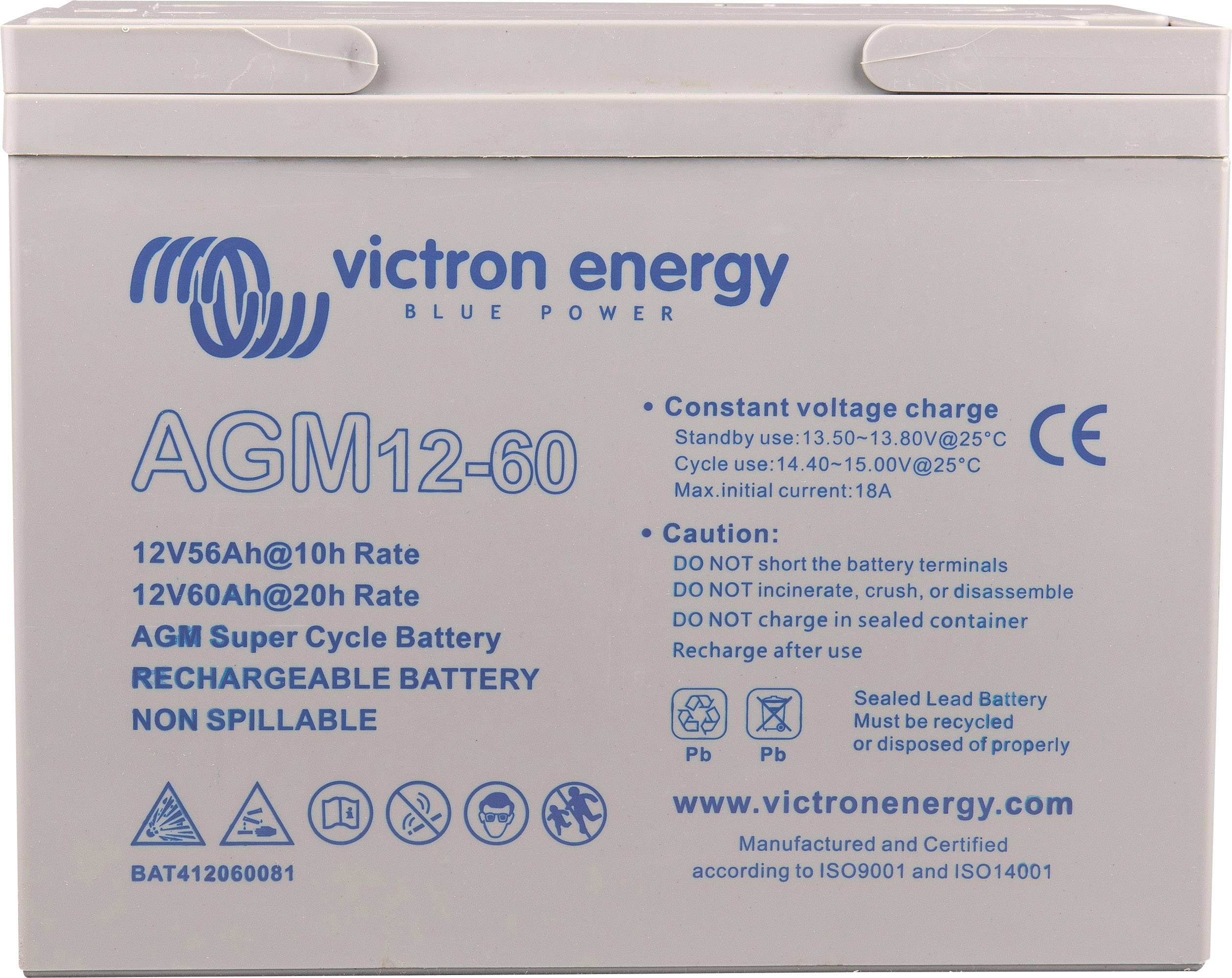 Batterie von Victron Energy, Modell AGM12-60, 12V 56Ah. Enthält Warnhinweise zur sicheren Verwendung und Links zur Webseite.