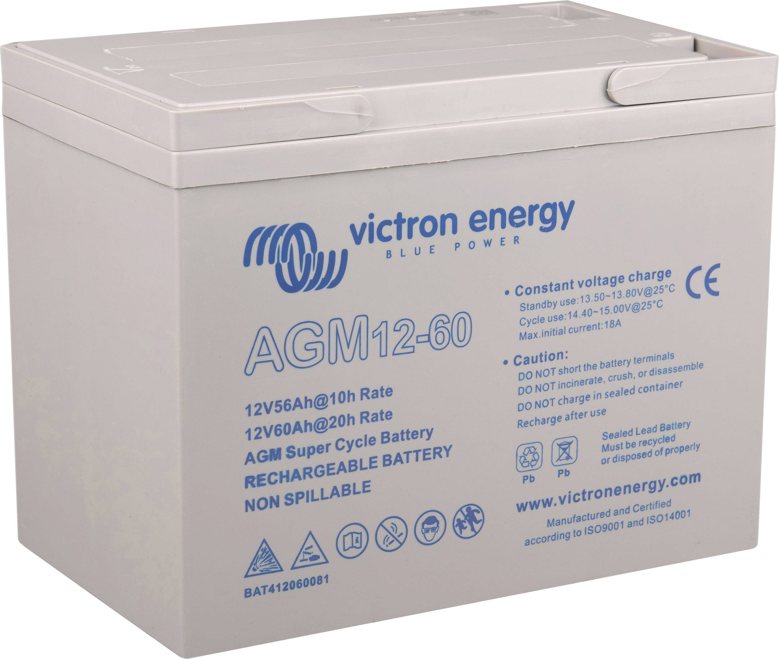 Graue AGM-Batterie von Victron Energy, Modell AGM12-60. Aufdruck zeigt technische Spezifikationen und Hinweise. Nicht auslaufend.