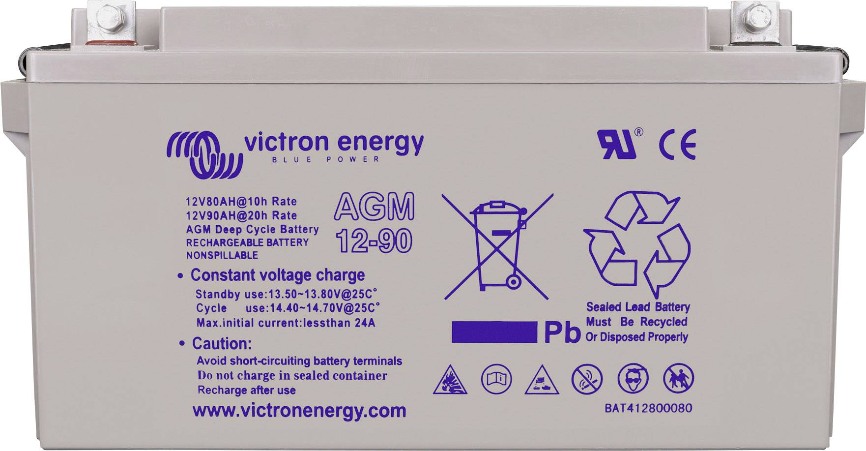 AGM-Batterie der Marke Victron Energy, Modell AGM 12-90, 12V 90Ah. Wichtige Hinweise: Anschlussbestimmungen beachten. Nicht durch Verbrennen entsorgen.