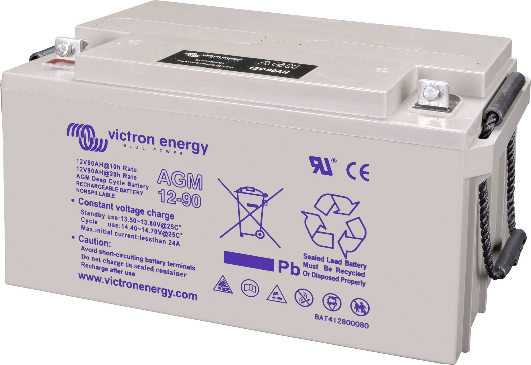 Batterie mit Aufschriften zu technischen Spezifikationen; Marke Victron Energy, Typ AGM 12-90, Warnhinweise und Entsorgungssymbole.