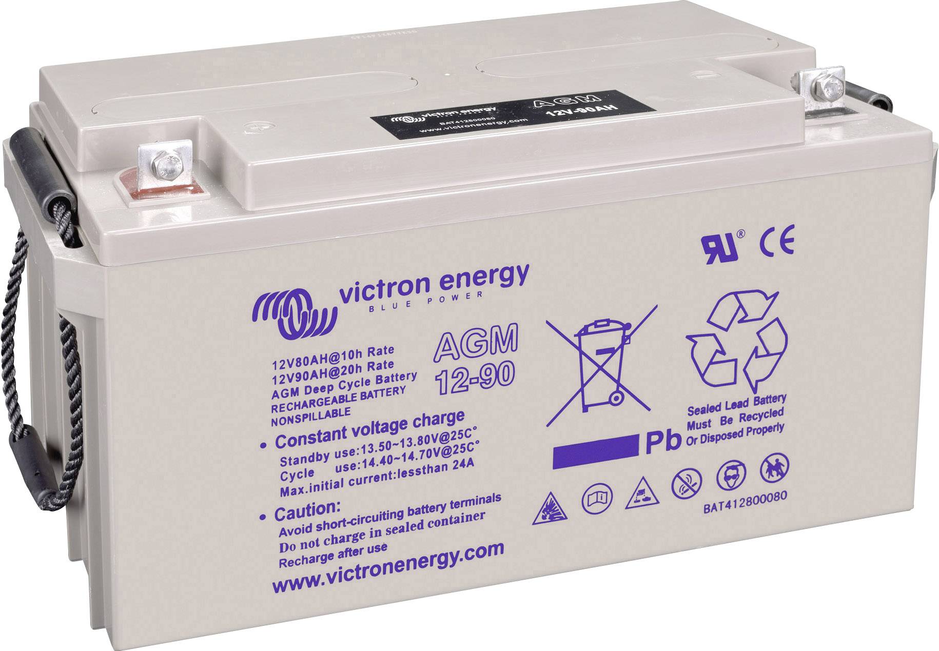 'AGM 12-90' Batterie von Victron Energy mit technischen Spezifikationen und Warnhinweisen auf der Vorderseite.