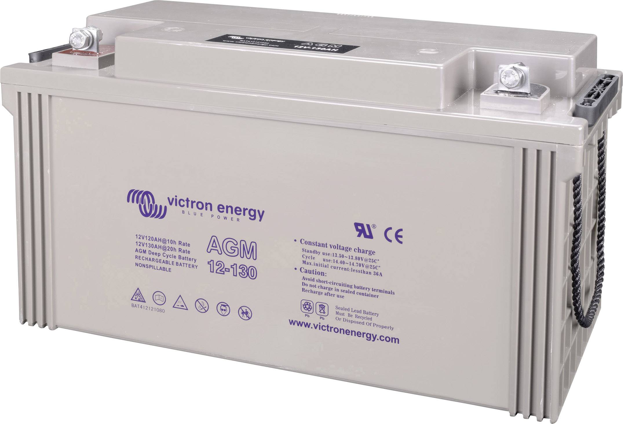 'AGM 12-130'-Batterie von Victron Energy, rechteckig, grau, mit zwei Metallanschlüssen oben. Marken- und Spezifikationsaufdrucke auf der Vorderseite.