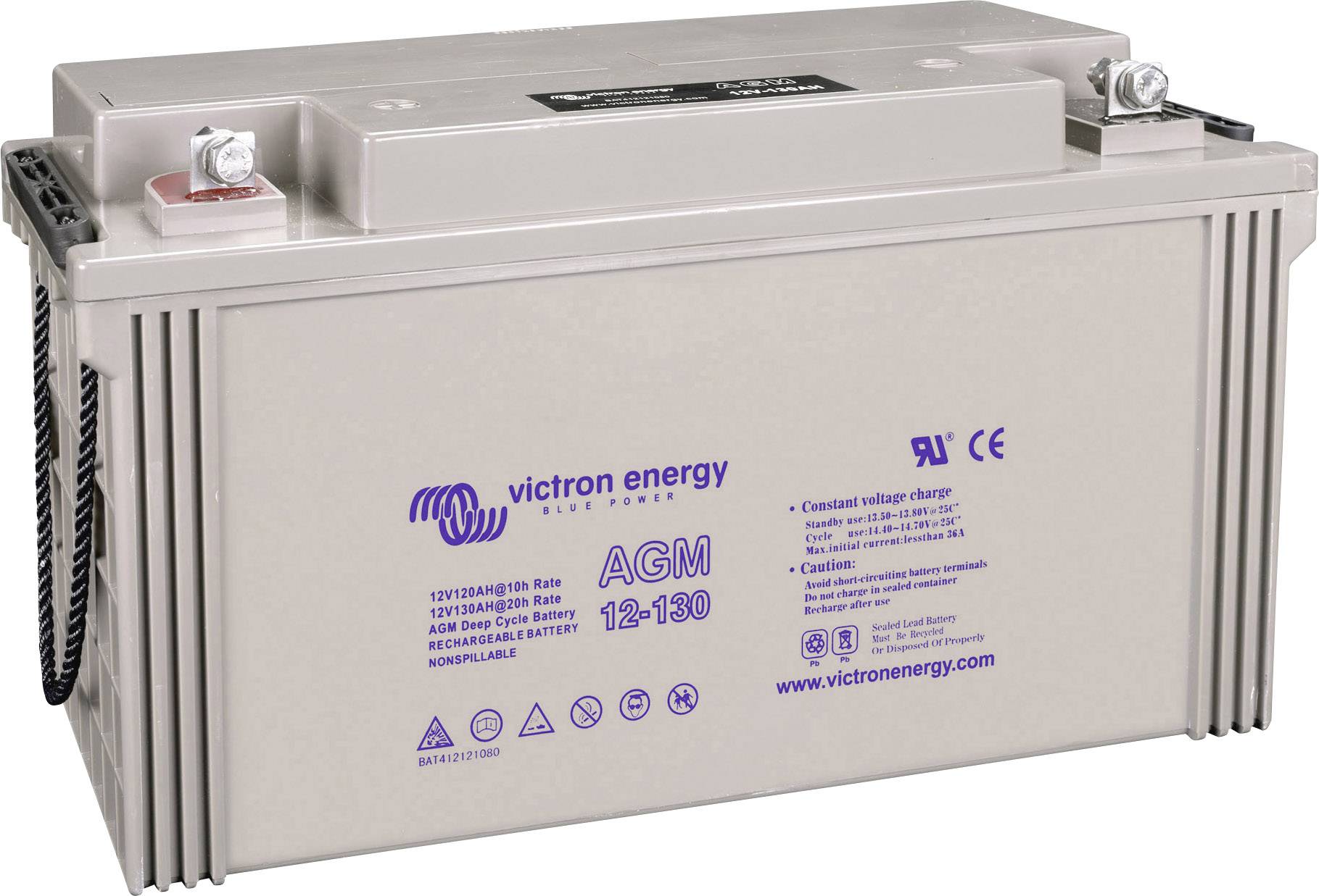 Batterie von Victron Energy, Modell AGM 12-130, 12V 130Ah, wartungsfrei, geeignet für diverse elektronische Anwendungen.