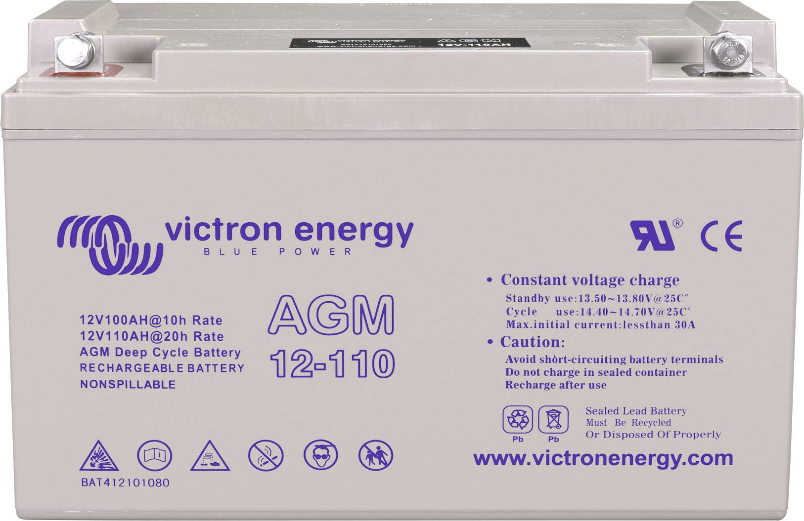 'AGM 12-110 Batterie' von Victron Energy mit technischen Spezifikationen. Hinweis zur konstanten Spannung und Entsorgungshinweise.