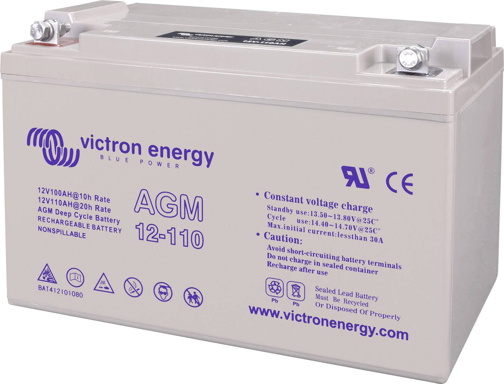 Batterie mit Aufschrift 'Victron Energy AGM 12-110'. 12V, 1080Ah, für Deep Cycle. Geeignet für Ladegeräte mit Konstantspannung.