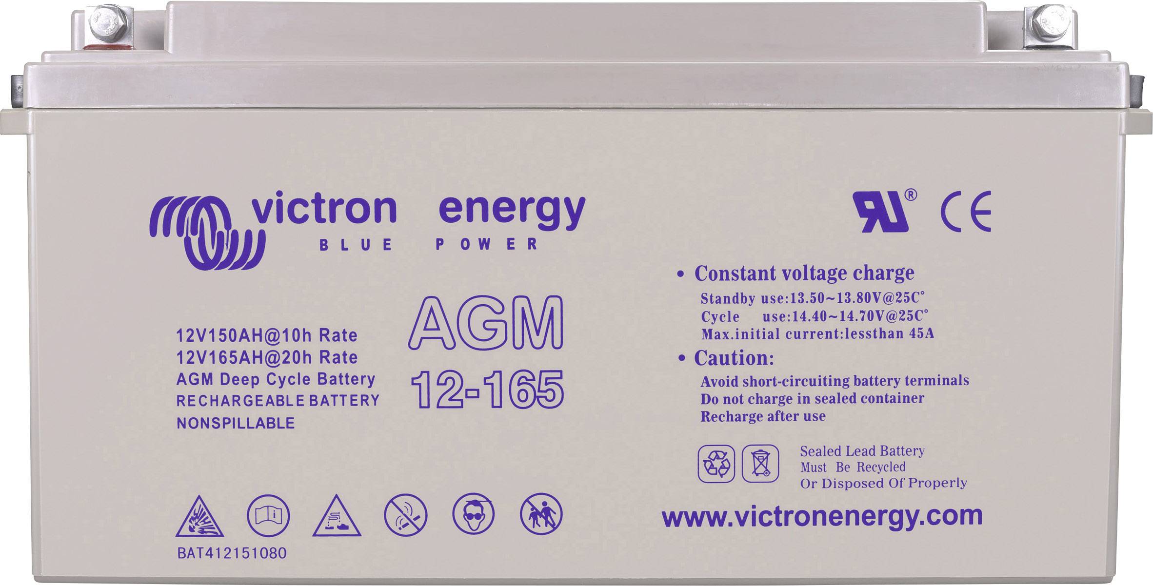 Batterie von Victron Energy mit der Aufschrift 'AGM 12-165'. Technische Spezifikationen und Warnhinweise auf der Vorderseite.