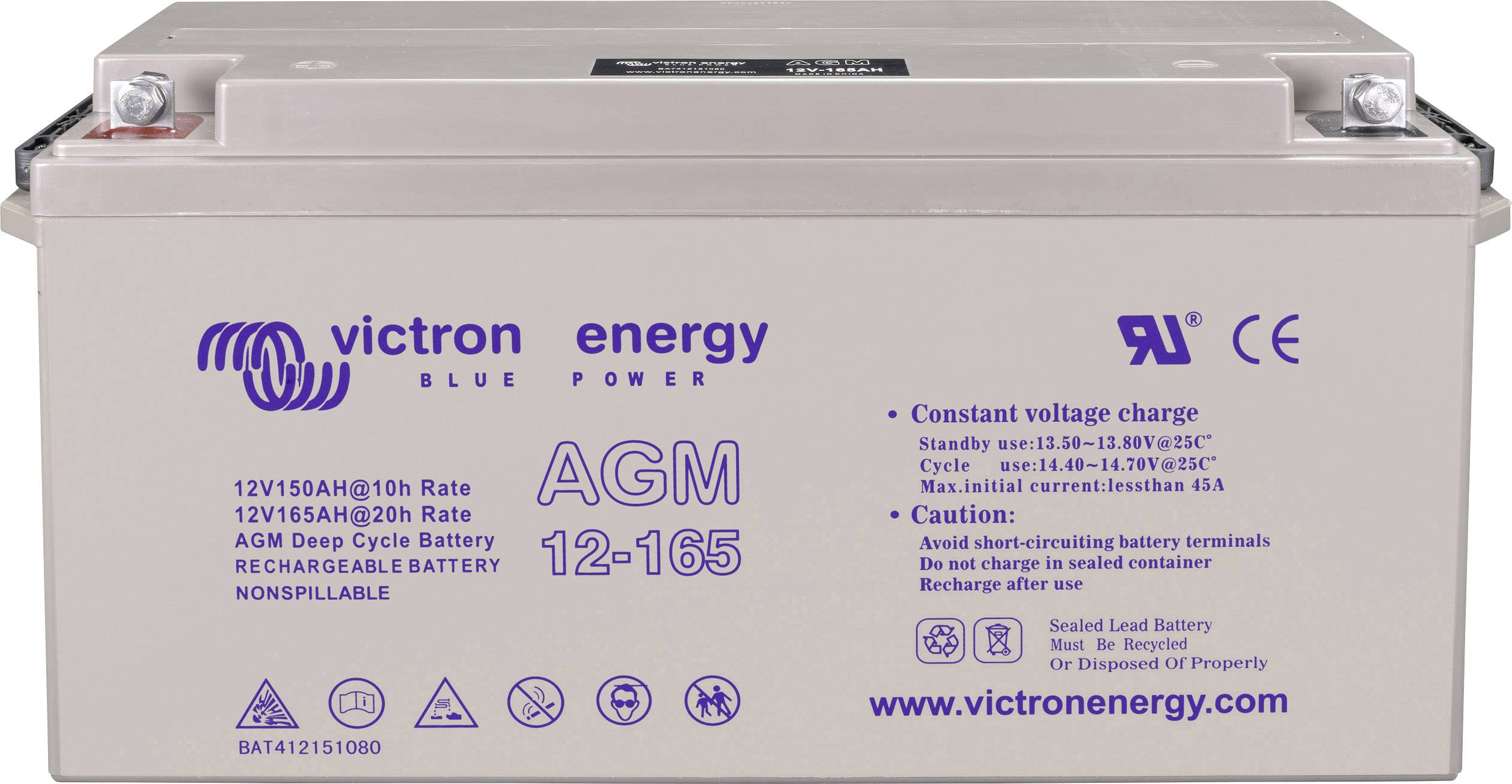 'AGM 12-165' Batterie von Victron Energy mit technischen Spezifikationen: 12V, 150Ah/10h, 12V, 165Ah/20h. Enthält Ladehinweise und Markenlogos.